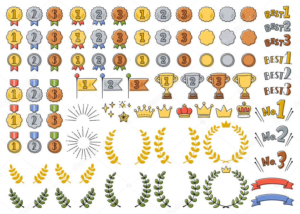 A set of cute hand-painted ranking icons such as medals, crowns and trophies.