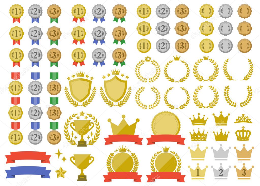 A set of ranking icons with a simple design such as medals, crowns and trophies.