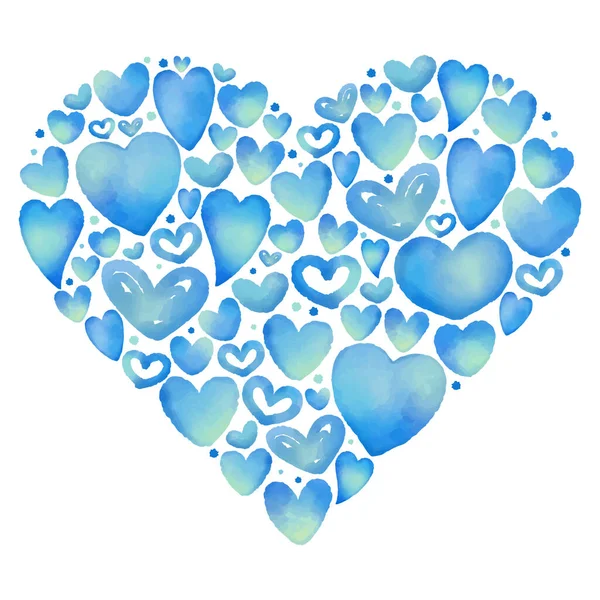 Many Blue Watercolor Hearts Lined Heart Shape — Stock Vector