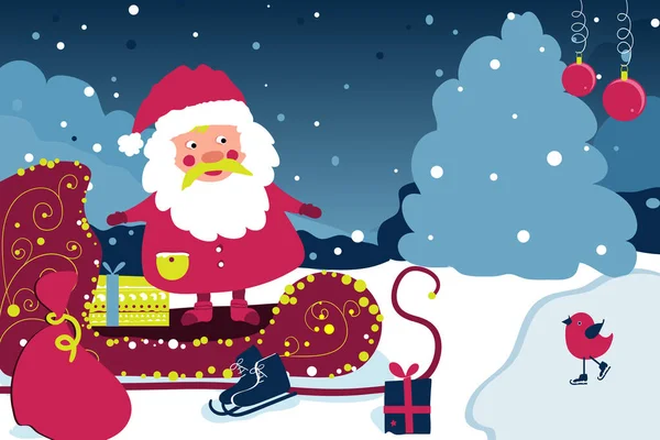 Feliz Navidad Feliz Año Nuevo Santa Claus Patinaje Sobre Hielo — Vector de stock