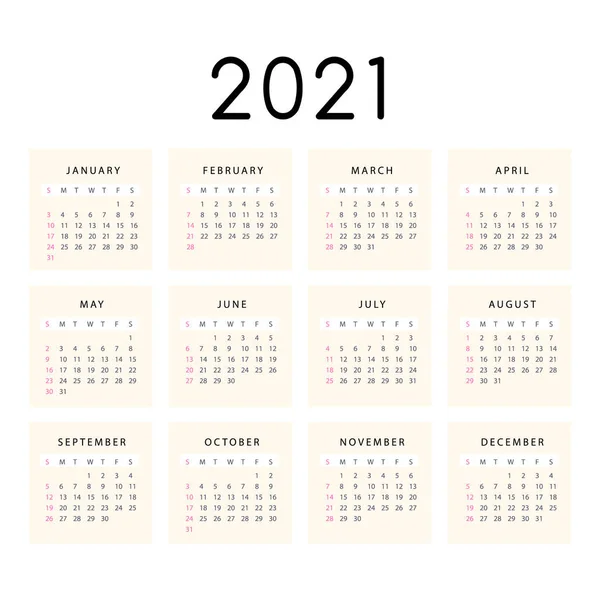 Kalender für das neue Jahr 2021 in flachem Design Vector Illustration. Die Woche beginnt am Sonntag. Planer-Tagebuch im minimalistischen Stil. Monatskalender druckbereit. — Stockvektor