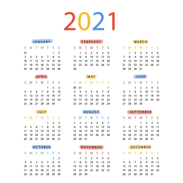フラットデザインベクトルイラストで新年2021年カレンダー。週は日曜日に始まります。ミニマリストスタイルでプランナー日記。今月のカレンダー｜print. — ストックベクタ