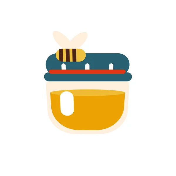 Βάζο νόστιμο μέλι με μια μέλισσα που πετούν γύρω από το ξενοδοχείο σε λευκό φόντο. Μέλι στο γυάλινο μπουκάλι. Εικονογράφηση διανύσματος. — Διανυσματικό Αρχείο