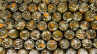 Şişede salatalık konservesi, şişe ters dönmüş.