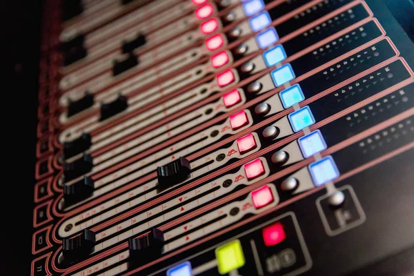 Audio Mixer Mixing Board Fader Knobs Music Mixing Console Backlit — Stock Photo, Image