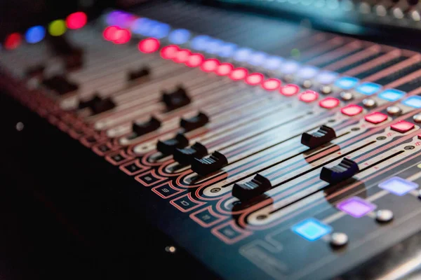 Audio Mixer Mixing Board Fader Knobs Music Mixing Console Backlit — Stock Photo, Image