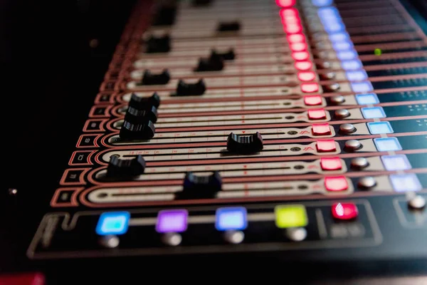 Audio Mixer Mixing Board Fader Knobs Music Mixing Console Backlit — Stock Photo, Image