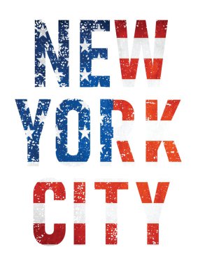 New York şehri tipografisi, tişört grafikleri, T-Shirt tasarımları için grunge tipografisi. New York, Brooklyn temalı vektör illüstrasyonları. Stylize Amerikan bayrağı. Tipografi, tişört grafikleri.