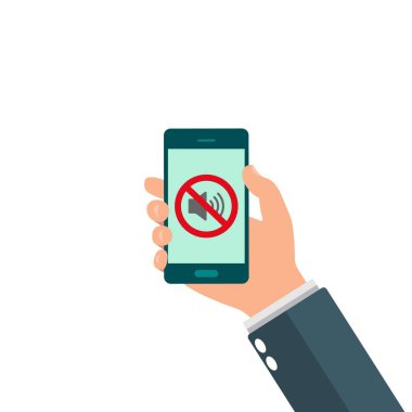 Hoparlör yok, ses simgesi yok. Ses olmadan el ele tutuşan cep telefonu. Sessiz mod simgesi. Vektör