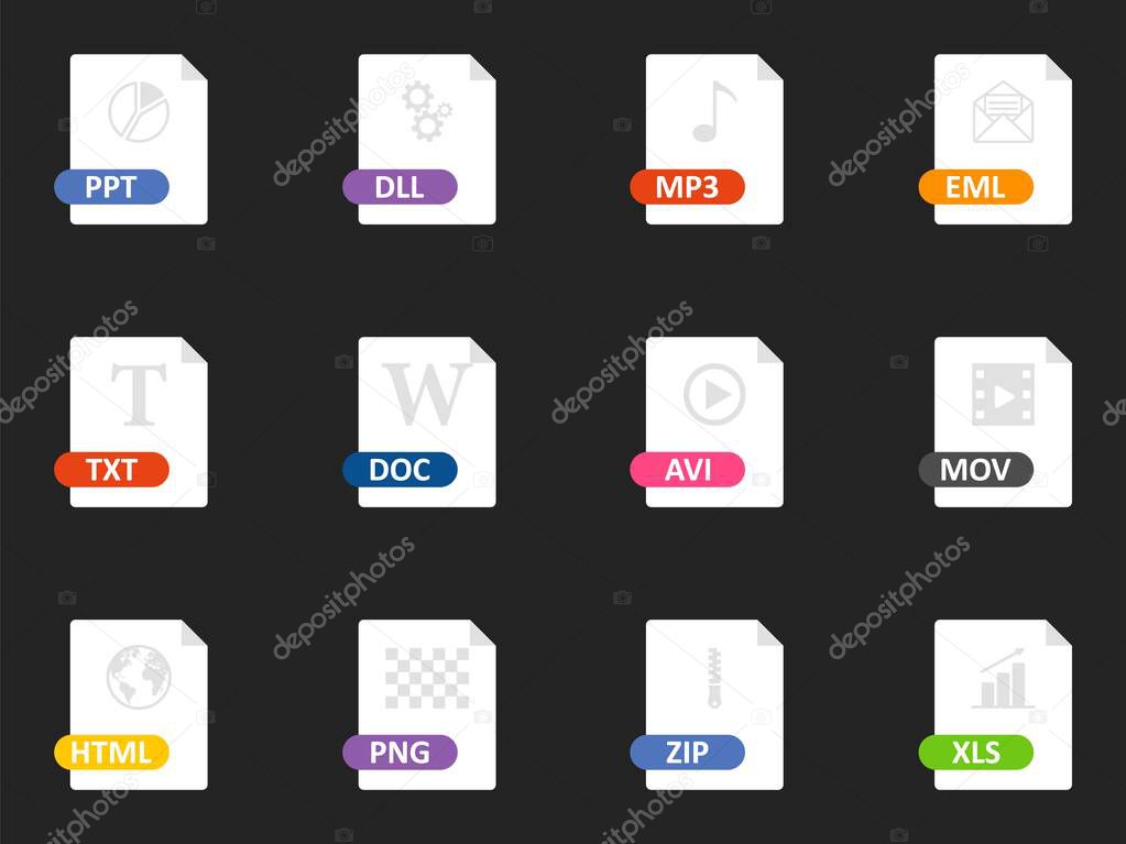 Set of files format. Flat icon. Document type signs. Vector
