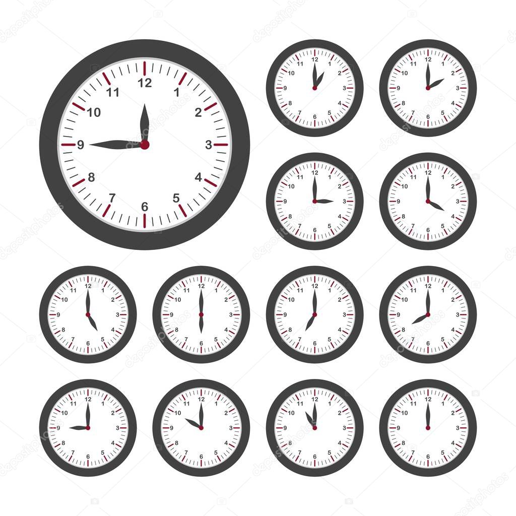 Set of round clocks for every hour. Analog clock with circle shape, time and minutes. Vector