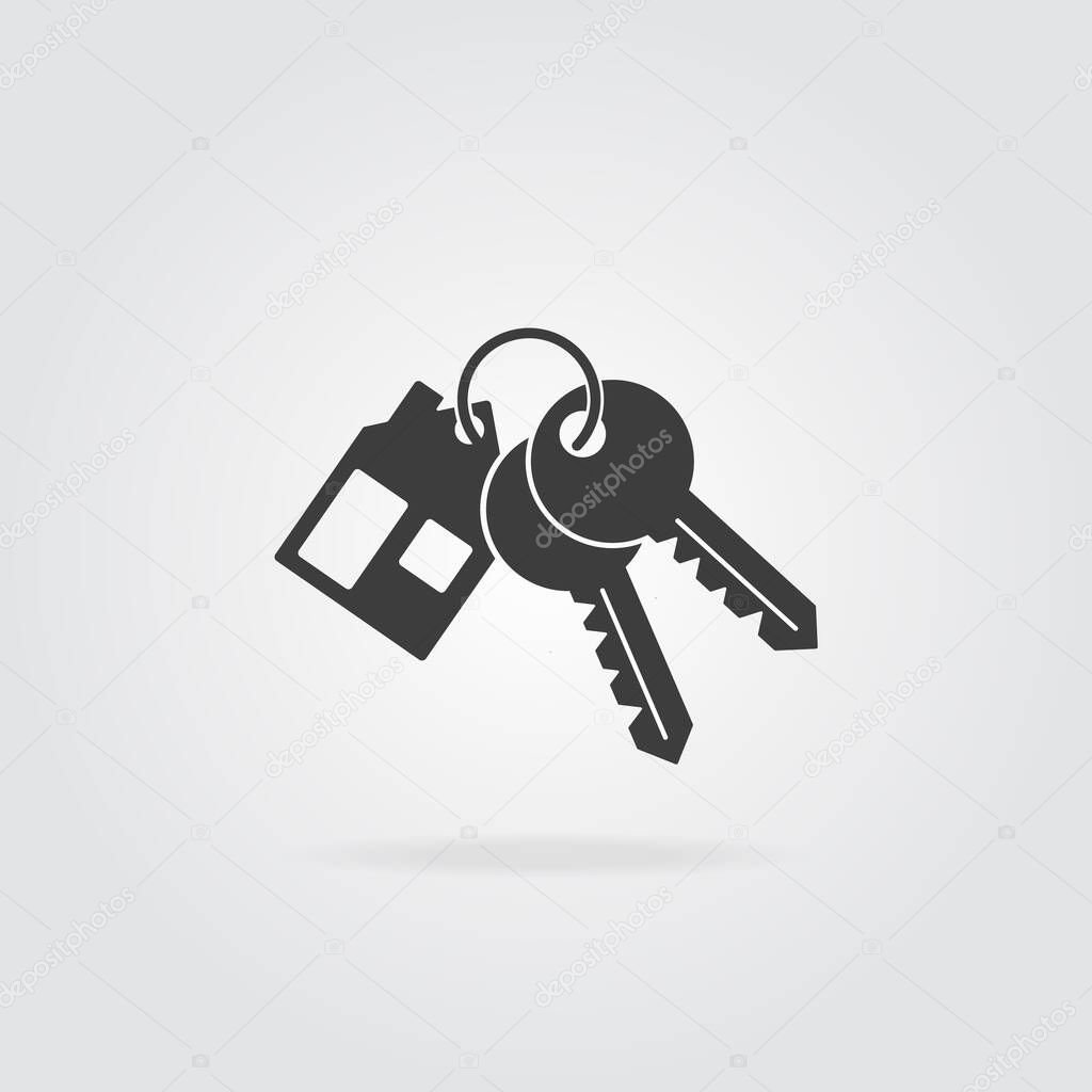 House key chain with two keys. Mortgage or rent house concept icon. Silhouette, of bunch keys. Vector