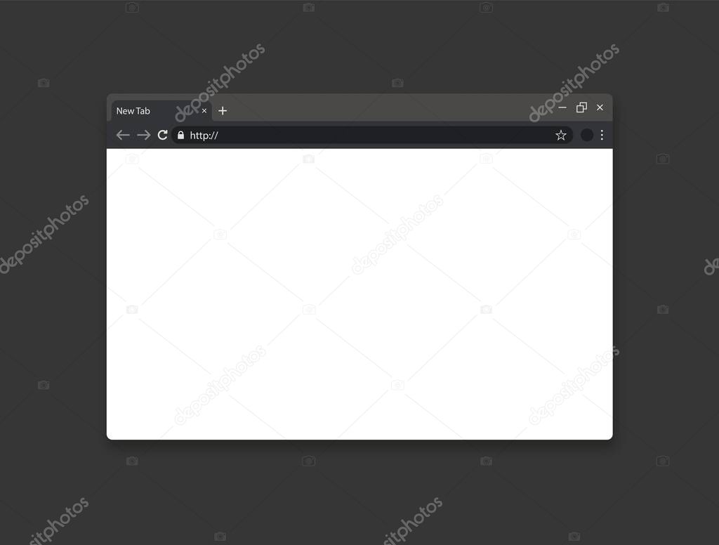 Empty mock up web browser page on dark grey background. Internet window with address bar and new tab. Vector