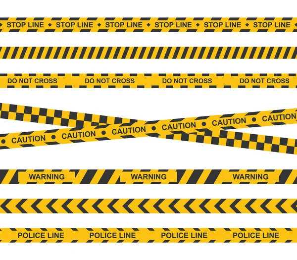 Set Yellow Caution Tape Crime Warning Ribbons Caution Warning Stop — Stock Vector