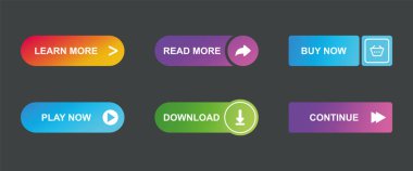Koyu gri arkaplanda web sitesi tasarımı için bir düğme. Elementlerin ve gradyanın farklı renkleri. Web simgeleri. Vektör