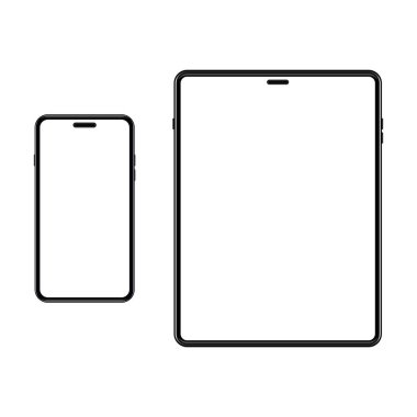 Şablon akıllı telefon ve tablet seti. Taşınabilir cihazda beyaz ekran. Boş ekranı olan bir maket aleti. Vektör