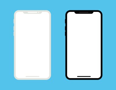 Mavi arka planda düz model cep telefonu. Beyaz ve siyah ekranlı akıllı telefon. Vektör