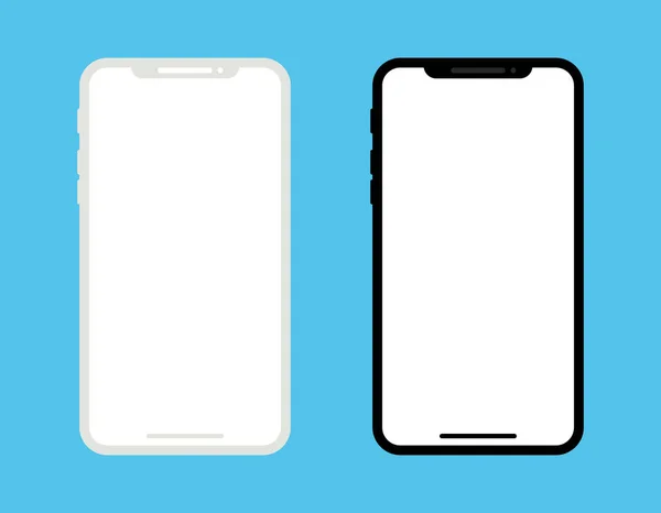 青い背景にフラットモックアップ携帯電話 空白の画面を持つ白と黒のスマートフォン ベクトル — ストックベクタ