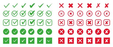 İşaretli düz simge kümesi. Kontrol listesi için yeşil kene ve kırmızı haç sembolü. Vektör