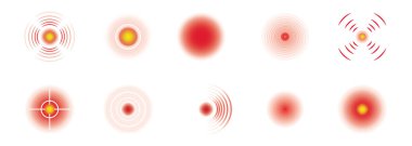 Kırmızı acı çemberleri ya da ağrı yerelleştirme simgeleri. Bir dizi acı verici leke izi. İnsan vücudunun farklı yerlerinde ağrı