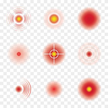 Vücut ağrısı konsepti. Şeffaf arkaplanda kırmızı daire noktaları kümesi. Ağrı yerelleştirme izleri. Vektör