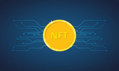 NFT ödenmez jeton. Nft altın para ikonu. Yenilenemez jeton. Kripto sanatı. Vektör illüstrasyonu