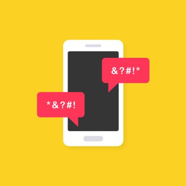 Sarı arka planda siber zorbalık ikonu. Siber zorbalık kurbanı. Küfür, internet nefreti, küfür ve hakaret konsepti. İnternette akıllı telefondan siber zorbalık sohbeti. Simge vektör illüstrasyonu