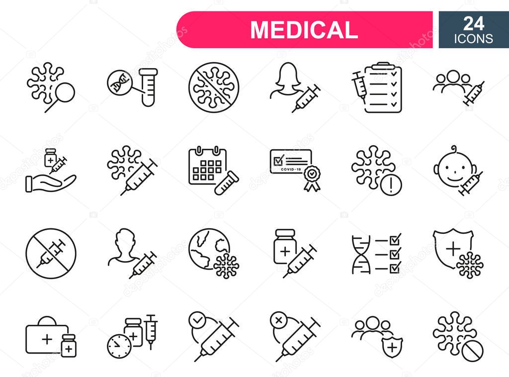 Set of vaccine line icons. Injection, prevention and treatment of covid. Medical syringe and ampoules, certificate for Vaccine. Linear icons for medical vaccine. Editable stroke. Vector illustration