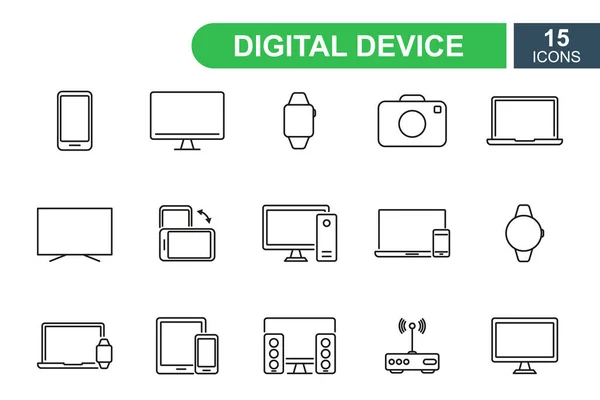 Smart devices and gadget line icons. Devices and electronics line pictograms. Mobile phone, smart watch, computer, laptop, wi-fi router, pc, tablet, camera icons. Editable stroke. Vector illustration