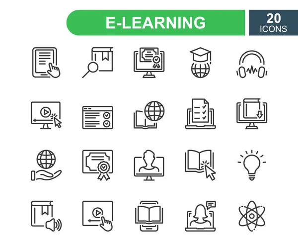 E-learning, 온라인 및 거리 교육의 상징. 온라인 교육, 웹툰 교육, 교육, 수입, 컨퍼런스, 시험. 온라인 교육용 아이콘 세트. 단순 한 뇌졸중. 벡터 일러스트 — 스톡 벡터