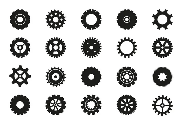 Black machine gears set. Transmission cog wheels and gear icons isolated on white background. Cogwheels and cogs collection. Various design elements of gears. Vector illustration — Stock Vector