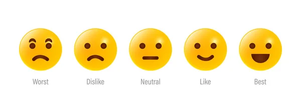 Feedback Scale Service met Emotie Pictogrammen. Gebruikerservaring met feedbackschaal. Yellow Emoji voor Reacties van klanten. Slechtste, afkeer, Neutraal, zoiets als, Beste Emotie Iconen. Vectorillustratie — Stockvector