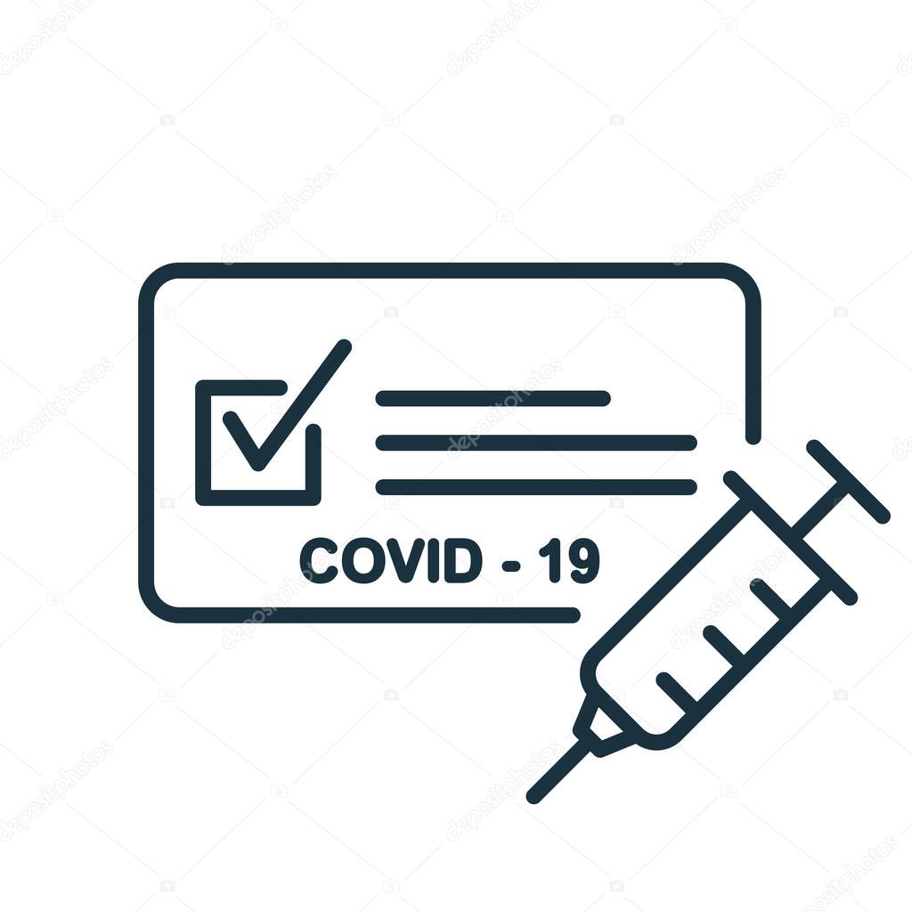 Vaccine Passport line icon. Vaccination Medical Card or Passport icon for travel. Certificate of Vaccination against Covid-19 with syringe. Editable Stroke. Vector illustration