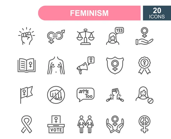 Conjunto de ícones de linha do feminismo. Empowerment Girl, Igualdade de Gênero, Direitos das Mulheres, Girl Power, Discriminação Sexual, Me Too, Ícones da linha de protesto. Feminismo esboço conceito. AVC editável. Ilustração vetorial —  Vetores de Stock