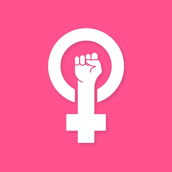 Símbolo do protesto do feminismo. Mulher Branca Primeiro, Direitos das Mulheres. Símbolo do Movimento Feminista. Sinal de poder feminino. Silhueta de braço rosa sobre fundo rosa. Ilustração vetorial — Vetor de Stock