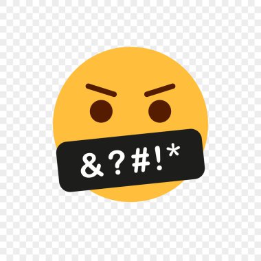 Yellow Angry Face Emoji. Obscene Language. Swearing or Vulgar Word on black bar. Bad Word and Behaviour. Swearing Emoticon icon. Emoji icon with Censored black bar. Vector illustration clipart