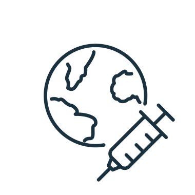 Coronavirus 'a karşı küresel aşı çizgisi simgesi. Salgını kontrol etmek için aşı. Aşı Dünya 'yı Covid-19' dan koruyor. Aşıların dünya çapında dağıtımı. Düzenlenebilir Vuruş. Vektör illüstrasyonu