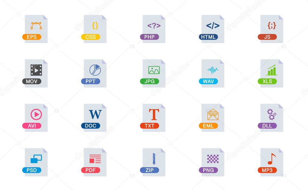 File Type Icons Set. Format and Extension of Documents. Set of eps, css, php, html, js, mov, ppt, jpg, wav, xls, avi, doc, txt, eml, dll, psd, pdf, zip, png. File Format Icon. Vector illustration