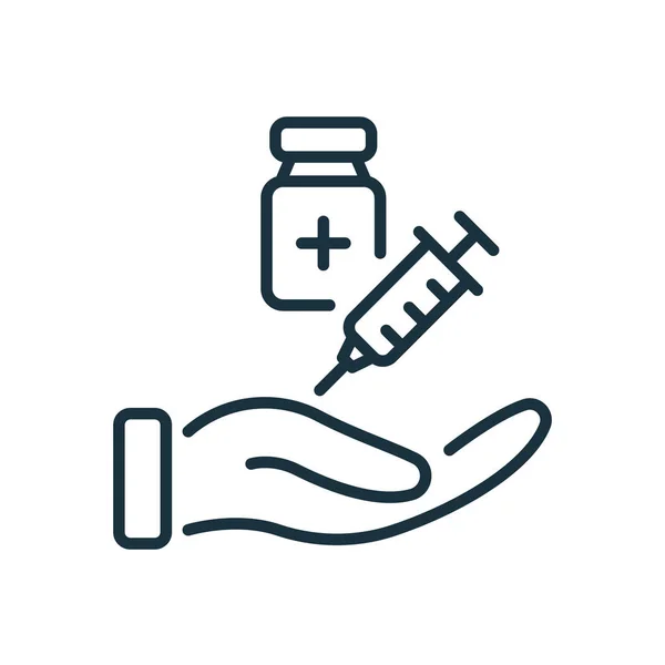 Get Vaccine Against Coronavirus line icon. Palm with Syringe and Bottle. Syringe and Vaccine Vial flat line icon. Treatment for Coronavirus Covid-19. Editable stroke. Vector illustration — Stock Vector