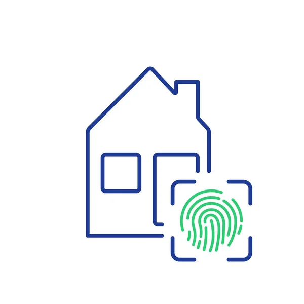 Smart House s přístupem k otiskům prstů. Bezpečnost a ochrana domu. Smart Home a Finger Print Identification Line Icon. Vektorová ilustrace — Stockový vektor