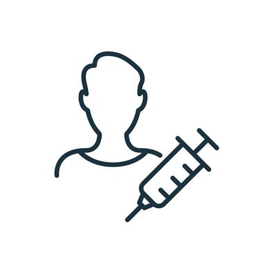 Erkekler için aşı enjeksiyonu. Şırınga ve Adam çizgi ikonu. Oğlan için koronavirüs aşısı. Düzenlenebilir Vuruş. Vektör illüstrasyonu