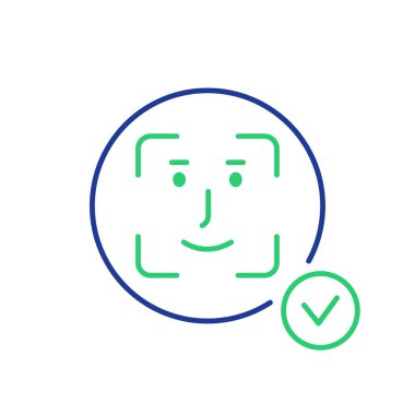 Yüz Tanıma, Biyometrik Kimlik Çizgisi Simgesi. Yüz tarama ve algılama piktogramı. Yüz taraması, kimlik. Yüz Tanıma Sistemi işareti. Yüz Kimliği Simgesi. Vektör illüstrasyonu