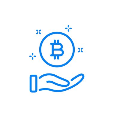 Madeni Para Hattı Simgesi ile el. Sembol Bitcoin. Ödeme ve İşlem konsepti. Para Çizgisi Simgesini Kaydet ve Yatır. Elektronik Kripto Para Birimi piktogramını aktar. Düzenlenebilir Vuruş. Vektör illüstrasyonu