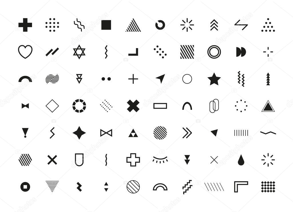 Abstract Geometric Shapes. Memphis Design Elements set. Black Retro Minimal Cover Template Design for Web, Poster and Commercial Banner. Modern abstract background. Vector illustration.