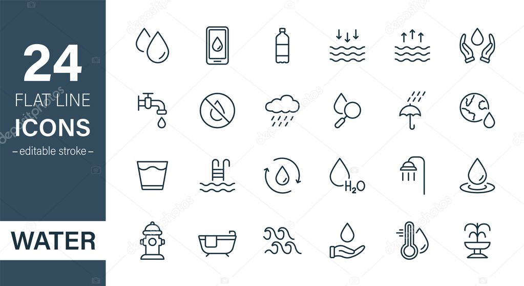 Water Line Icon Set. Drop Water Thin Linear Icon. Mineral Water, Low and High Tide, Shower, Plastic Bottle and Glass Outline Pictogram. Fire Hydrant and Fountain. Editable stroke. Vector illustration