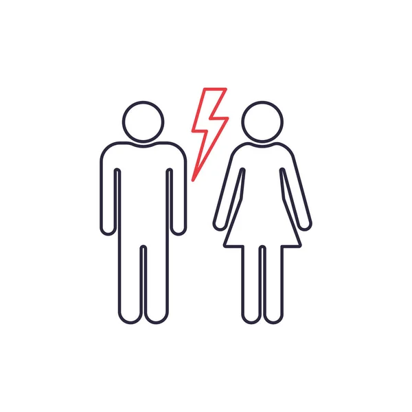 Divorced Couple. Black line icon of Man and Woman with Red Lightning. Break up of Relationship Icon. Man and Woman quarrel. End of Family Life. Editable stroke. Vector illustration — Stock Vector