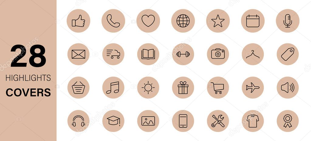 Highlights Line Icon Set. Stories Covers Linear Icons. Highlights for Lifestyle, Travel and Beauty Bloggers, Photographers and Designers. Outline Pictogram for Social Media. Vector Illustration