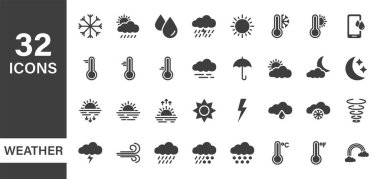 Hava Simgeleri Ayarlandı. Hava tahmini grafik elementleri. Kara Meteoroloji ikonları. Sunrise ve Sunset Silhouette Pictogram. Sıcaklık, güneş, bulut, yağmur. Vektör illüstrasyonu