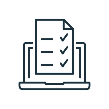 Çevrimiçi Sınav, Test, Anket ya da Aygıt Ekranındaki Kontrol Listesi. Çevrimiçi Form Araştırma Hattı Simgesi olan dizüstü bilgisayar. Çevrimiçi Eğitim ve Eğitim konsepti. Düzenlenebilir felç. Vektör illüstrasyonu