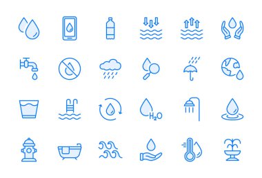 Su hattı simgesi ayarlandı. Su İnce Lineer Simgesini Bırak. Maden Suyu, Düşük ve Yüksek Gelgit, Duş, Plastik Şişe ve Cam Piktogram. Yangın musluğu ve çeşme. Düzenlenebilir felç. Vektör illüstrasyonu